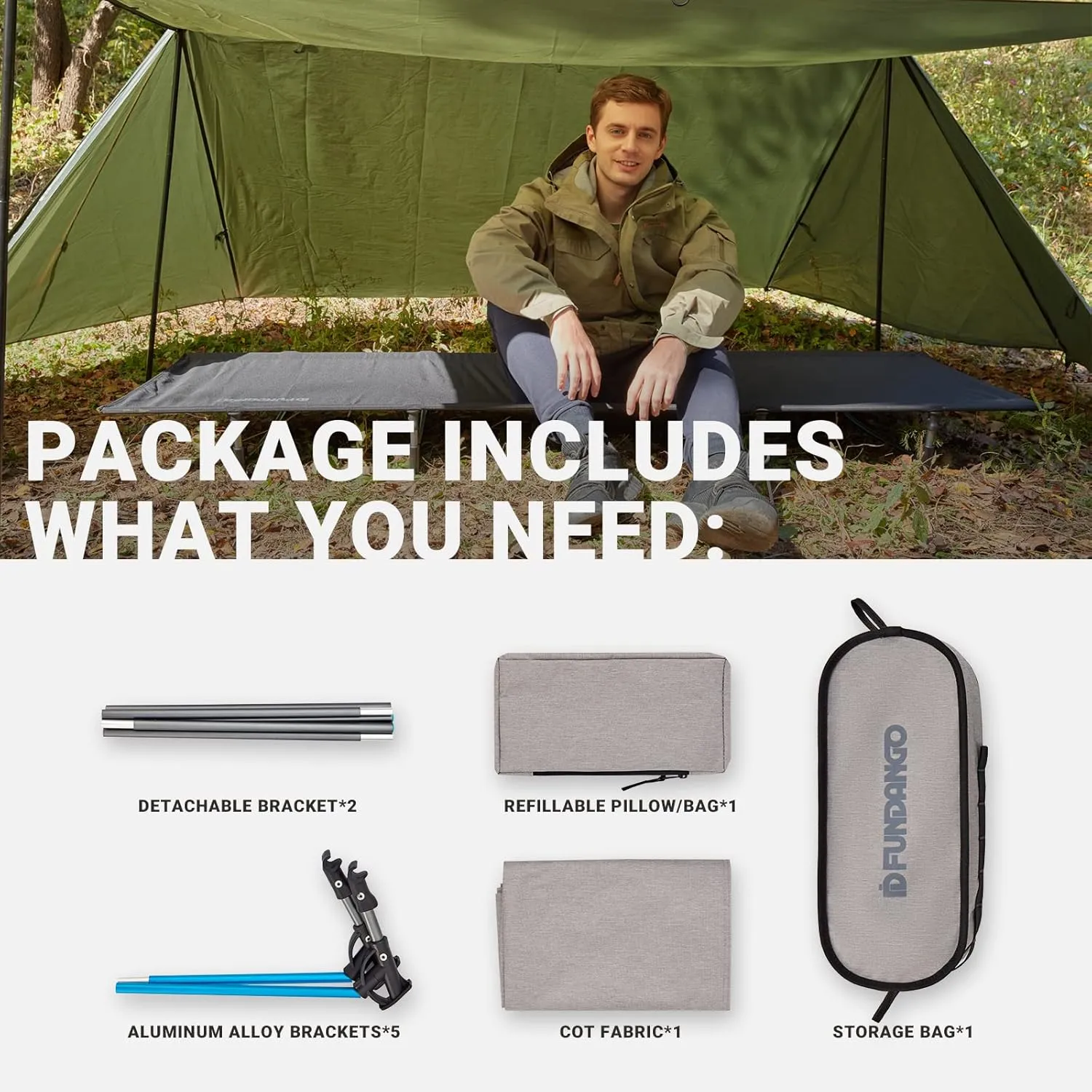 FUNDANGO Ultralight Folding Camping Cot, Extra Long Backpacking Camping Cots for Adults Protable Cot Bed for Hiking Travel Home Mountaineering, Grey
