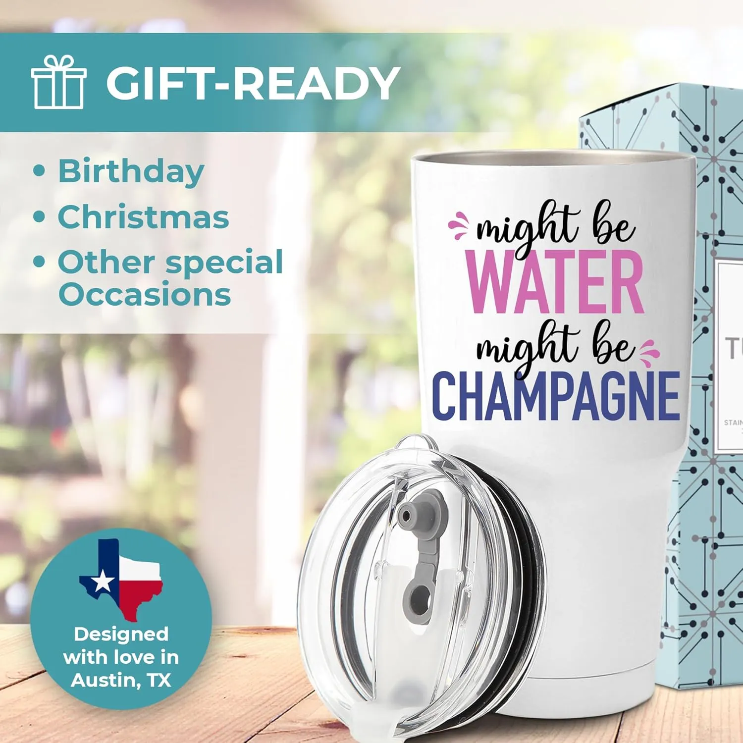 Funny Might Be Champagne Tumbler 30oz, Fun and Unique Presents for Drinkers, Adult Humor Cups, Drinking Themed Gag Gifts for Men and Women, Ideal Present Picks for Her Birthday, Christmas, Gift Ready