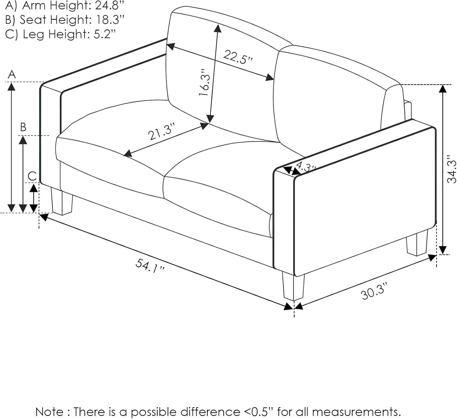 Furinno Bayonne Modern Upholstered Loveseat/Sofa Couch for Living Room, Gunmetal