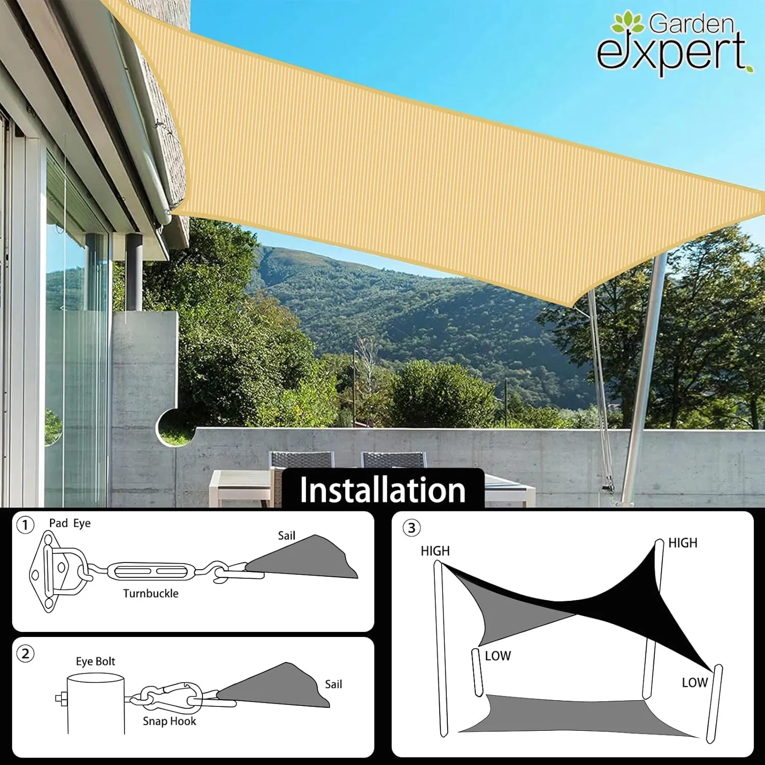Garden expert 16'x20' Sun Shade Sail Sand Large Rectangle Canopy Sail Shade Cloth for Patio Garden Outdoor Backyard