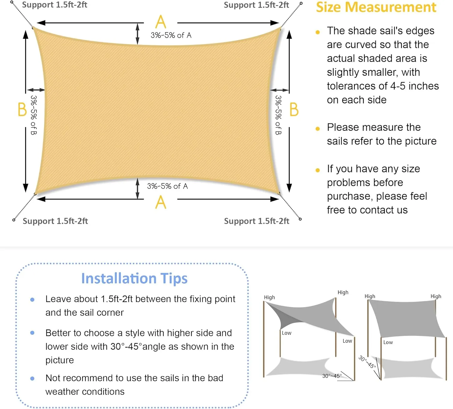 Garden expert 16'x20' Sun Shade Sail Sand Large Rectangle Canopy Sail Shade Cloth for Patio Garden Outdoor Backyard