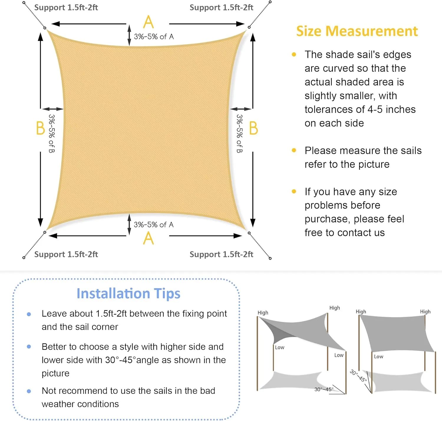 Garden EXPERT 20'x20' Sun Shade Sail Sand Large Square Canopy Sail Shade Cloth for Patio Garden Outdoor Backyard