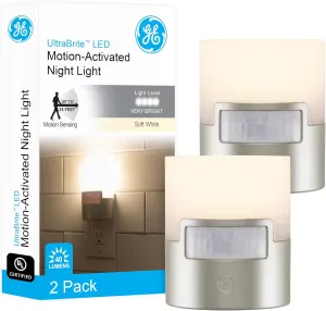 GE LED Motion Sensor Night Light, Plug into Wall, 40 Lumens, Soft White, UL-Certified, Energy Efficient, Ideal Nightlight for Bedroom, Bathroom, Kitchen, Hallway, 46633, Silver, 2 Pack