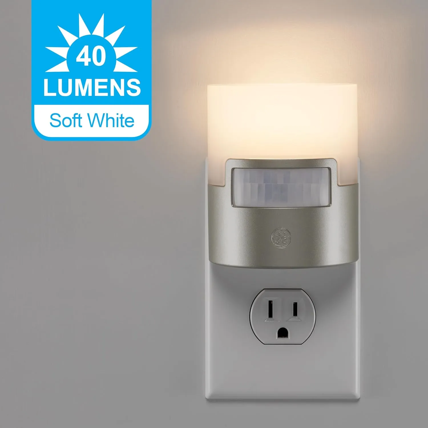 GE LED Motion Sensor Night Light, Plug into Wall, 40 Lumens, Soft White, UL-Certified, Energy Efficient, Ideal Nightlight for Bedroom, Bathroom, Kitchen, Hallway, 46633, Silver, 2 Pack