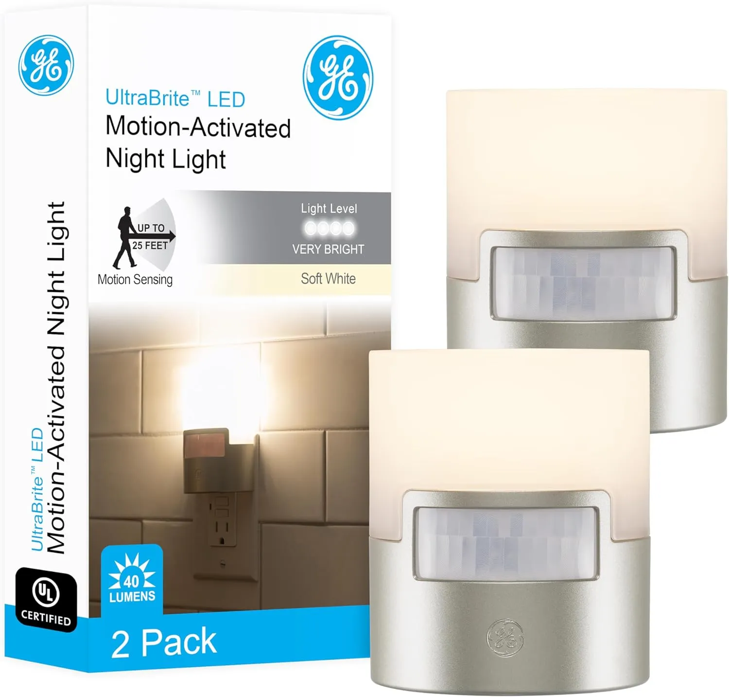 GE LED Motion Sensor Night Light, Plug into Wall, 40 Lumens, Soft White, UL-Certified, Energy Efficient, Ideal Nightlight for Bedroom, Bathroom, Kitchen, Hallway, 46633, Silver, 2 Pack