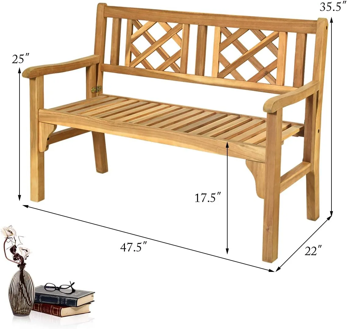 Giantex Outdoor Bench, Patio Wooden Bench, 4 Ft Foldable Acacia Wood Garden Bench, Outside Loveseat with Curved Backrest and Armrest, 705Lbs Weight Capacity, Park Bench for Outdoors, Porch, Balcony