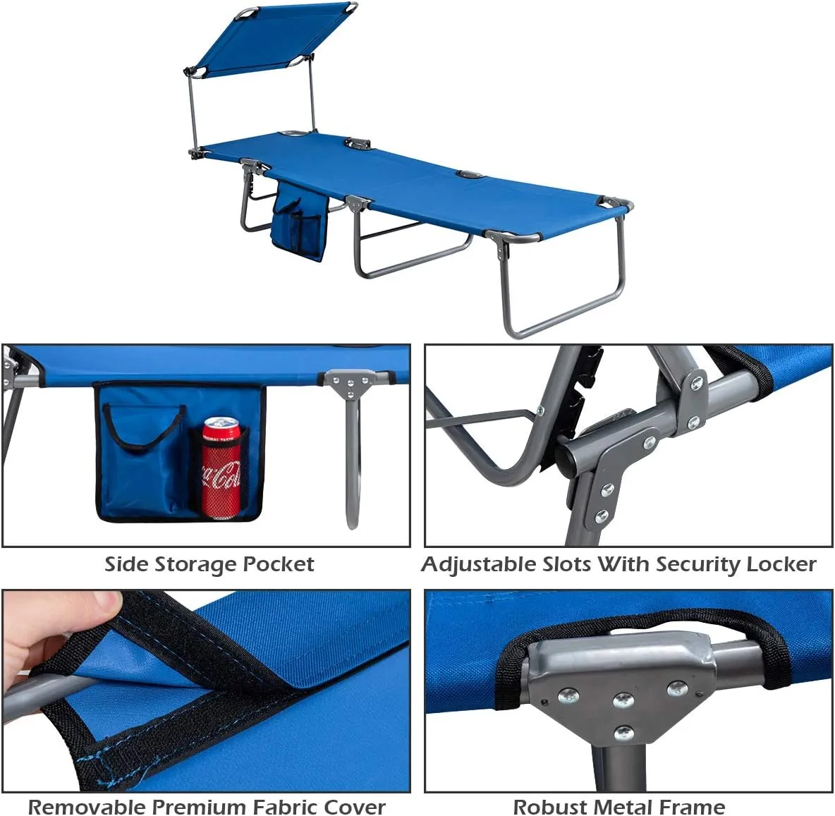 Giantex Tanning Chair, Patio Chaise Lounge Chair with 5 Adjustable Position, Shade Canopy, Storage Pocket, Camping Cot, Outdoor Sunbathing Recliner for Poolside, Lawn Folding Beach Chairs(1, Navy)