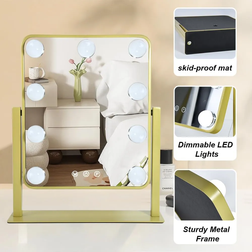 Gold Light Up Vanity Mirror,Make Up Mirror with Lighting, Lighted Makeup Mirror with Magnification, Touch Control Design 3 Colors Dimmable