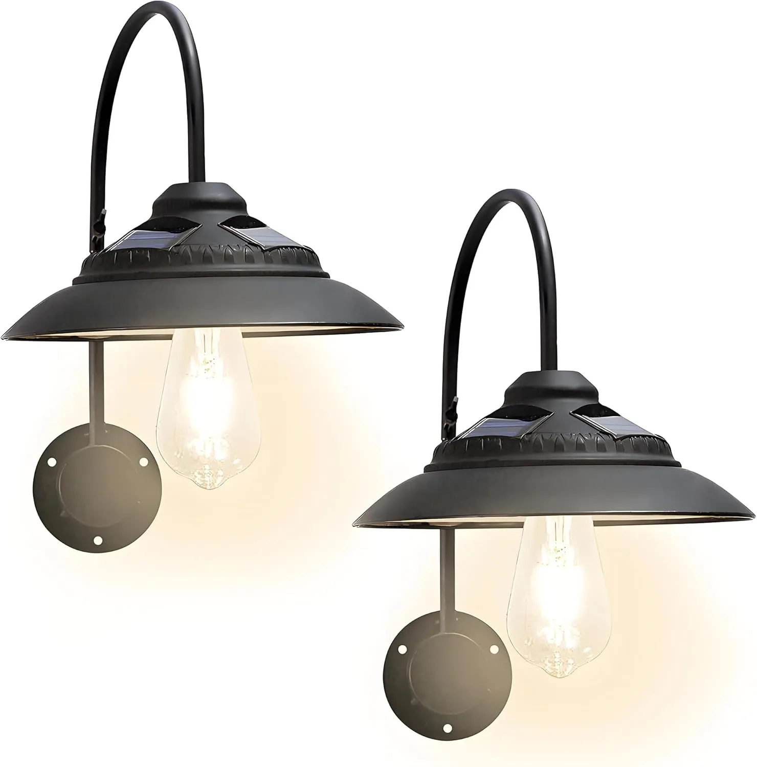Goodeco Solar Barn Lights for Outside - Metal Design Outdoor Lights with Motion Sensor, 4 High Efficiency Solar Panels & one Glass LED Edison Bulb, Glow White, Chicken Coop Lights & More (Black 2P)