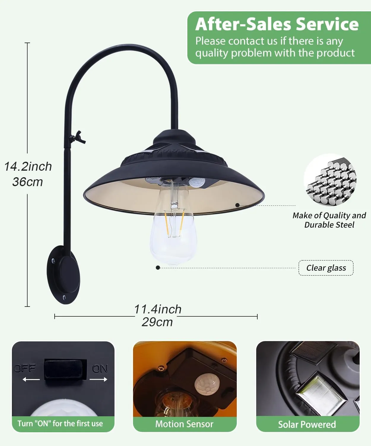 Goodeco Solar Barn Lights for Outside - Metal Design Outdoor Lights with Motion Sensor, 4 High Efficiency Solar Panels & one Glass LED Edison Bulb, Glow White, Chicken Coop Lights & More (Black 2P)