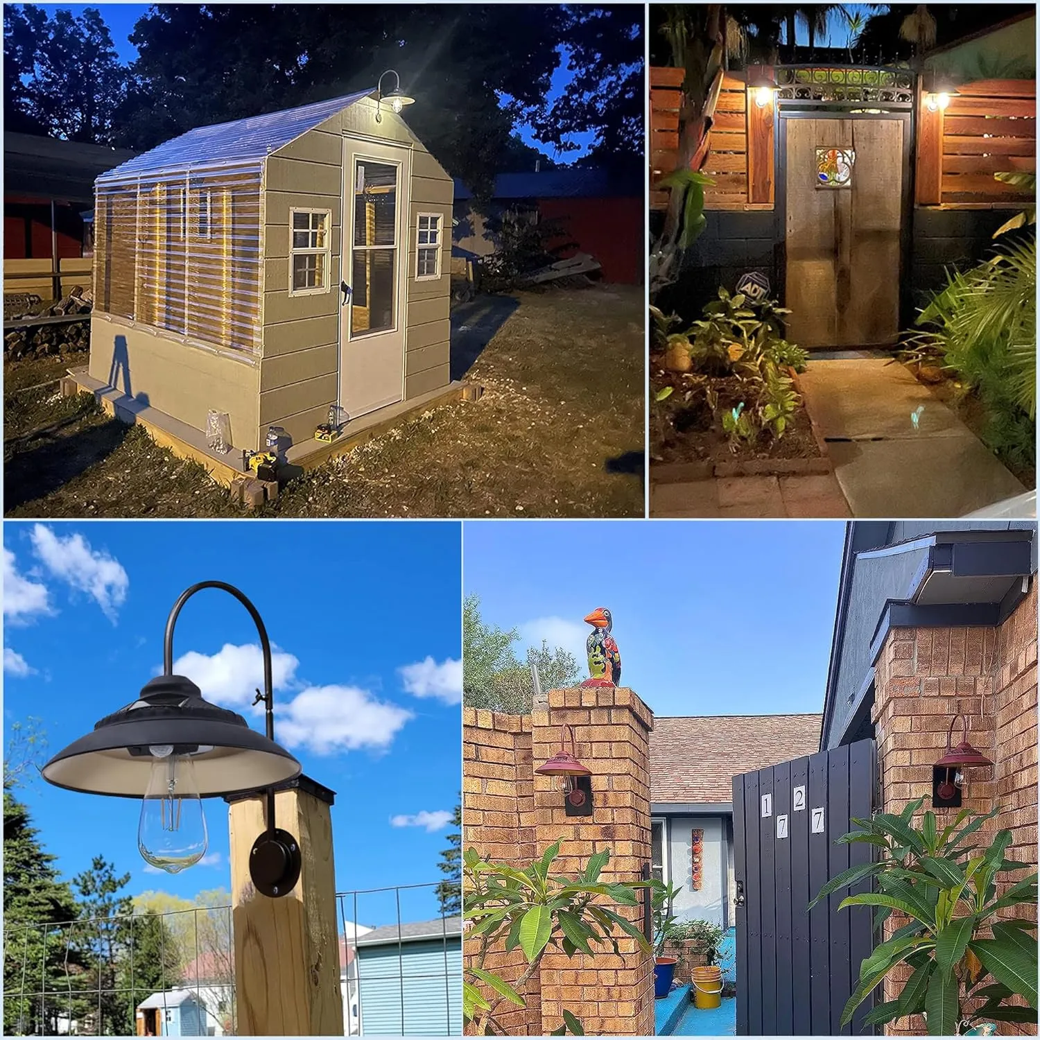 Goodeco Solar Barn Lights for Outside - Metal Design Outdoor Lights with Motion Sensor, 4 High Efficiency Solar Panels & one Glass LED Edison Bulb, Glow White, Chicken Coop Lights & More (Black 2P)