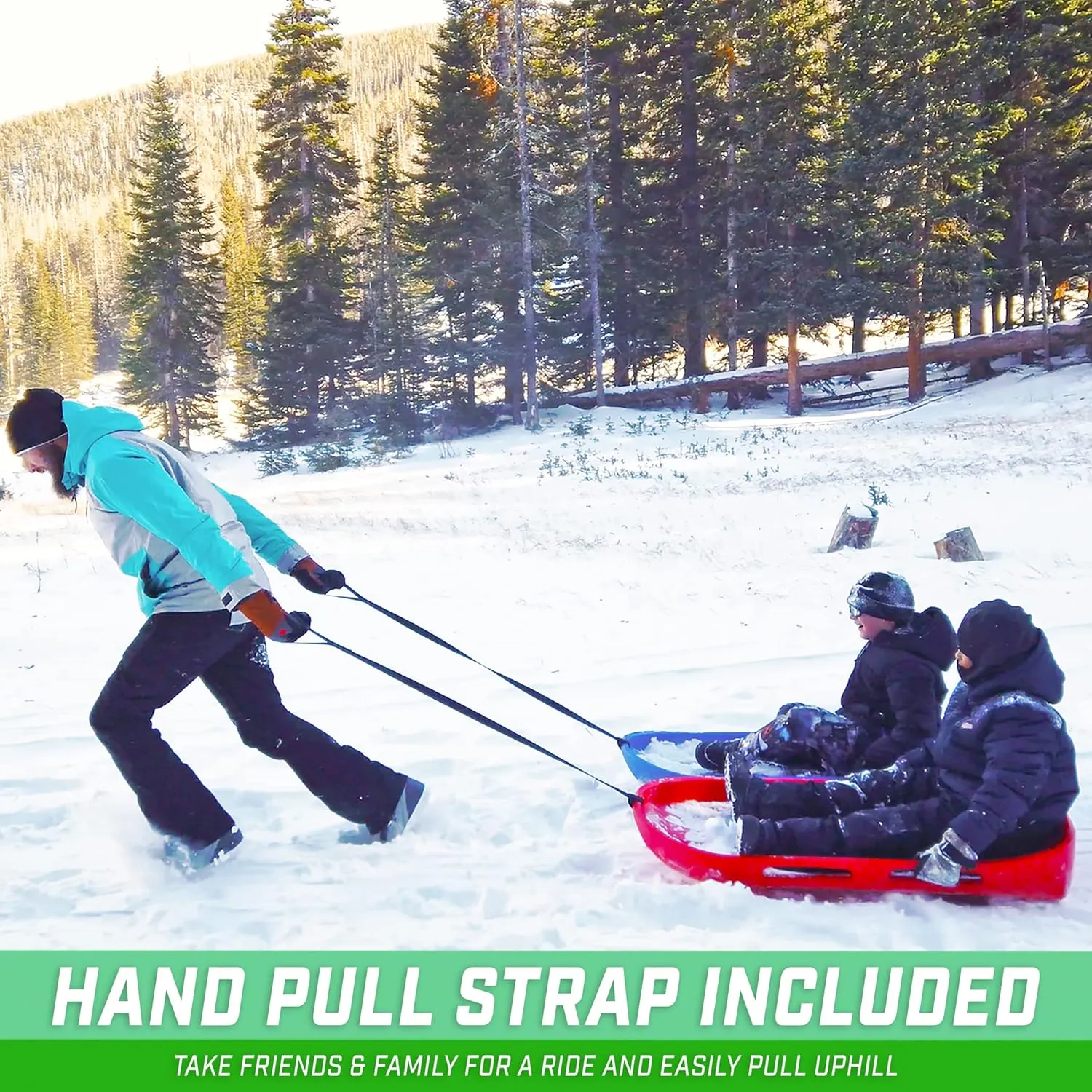 GoSports 2 Person Premium Snow Sled - Choose Red or Blue - Double Walled Construction, Pull Strap and Padded Seat