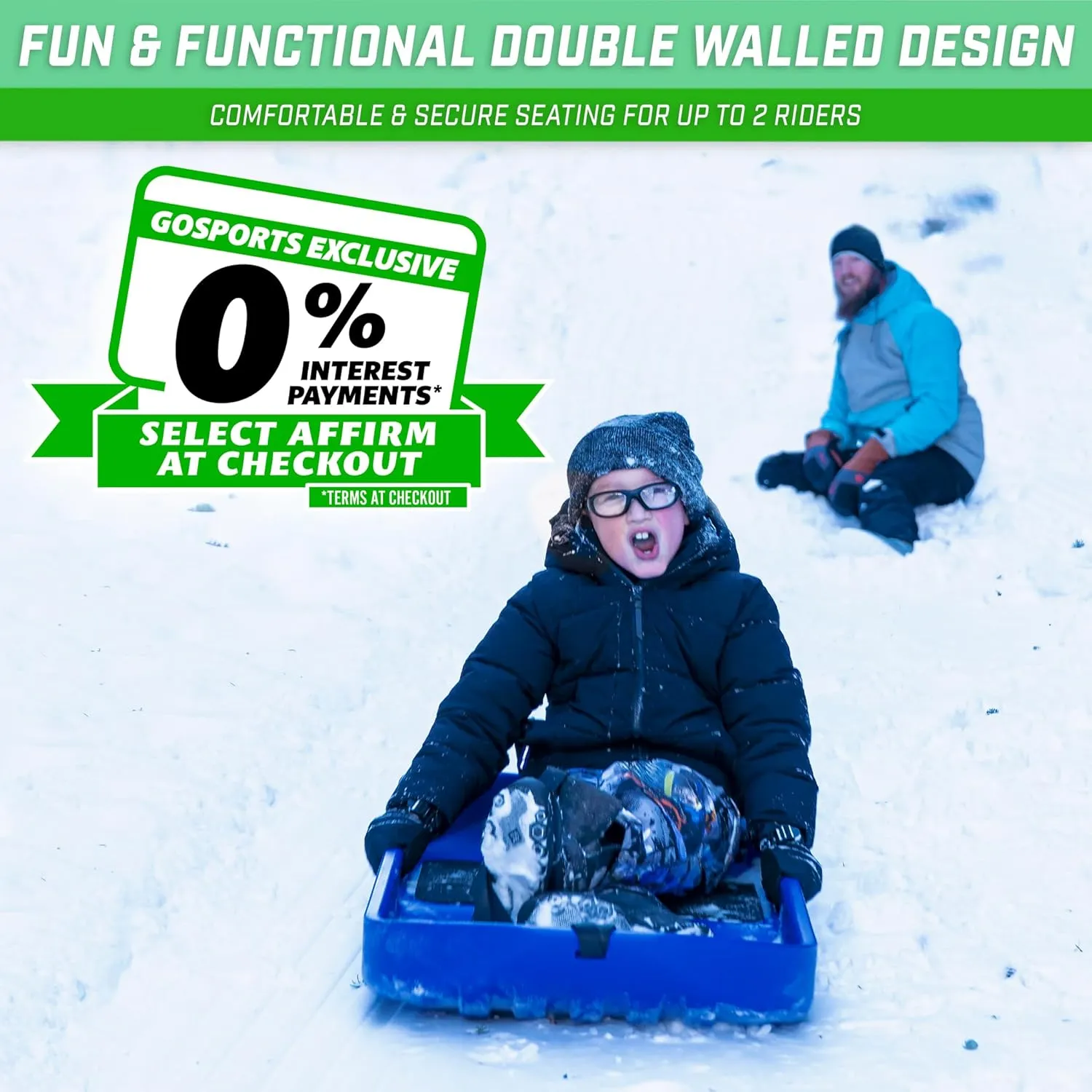 GoSports 2 Person Premium Snow Sled - Choose Red or Blue - Double Walled Construction, Pull Strap and Padded Seat