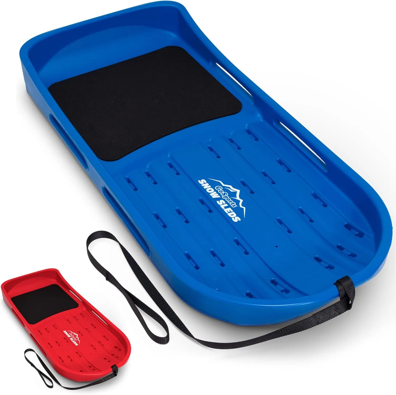 GoSports 2 Person Premium Snow Sled - Choose Red or Blue - Double Walled Construction, Pull Strap and Padded Seat