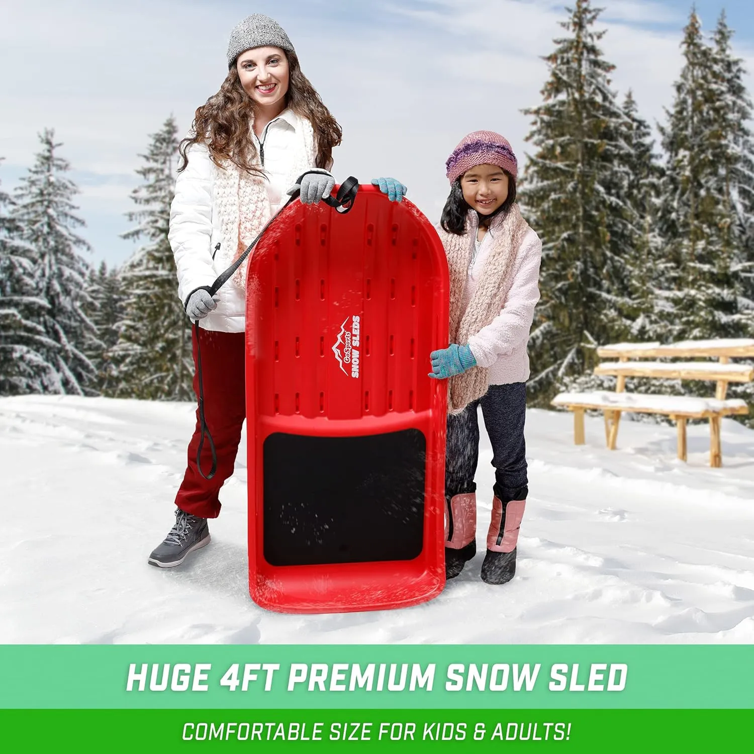 GoSports 2 Person Premium Snow Sled - Choose Red or Blue - Double Walled Construction, Pull Strap and Padded Seat