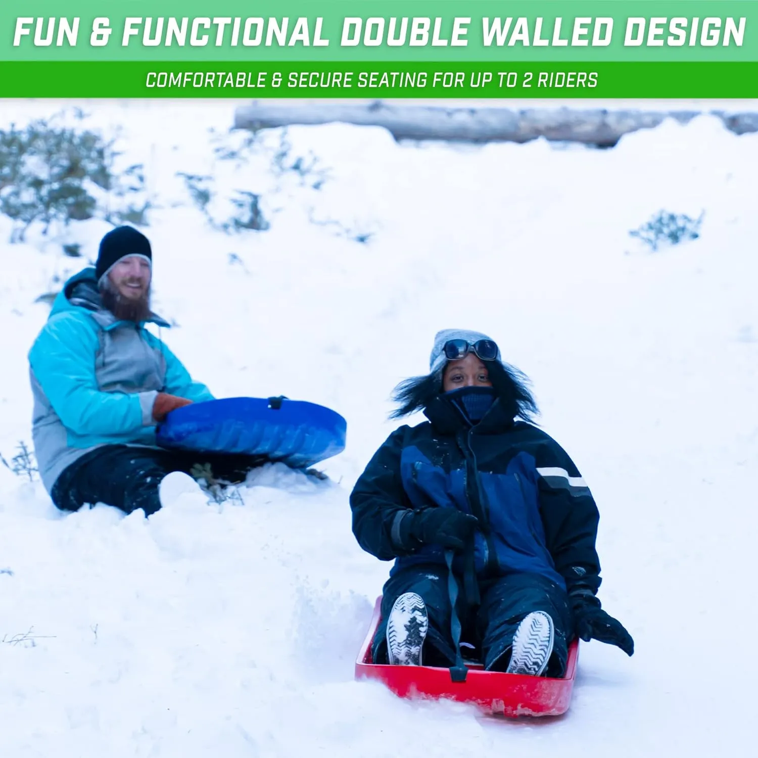 GoSports 2 Person Premium Snow Sled - Choose Red or Blue - Double Walled Construction, Pull Strap and Padded Seat