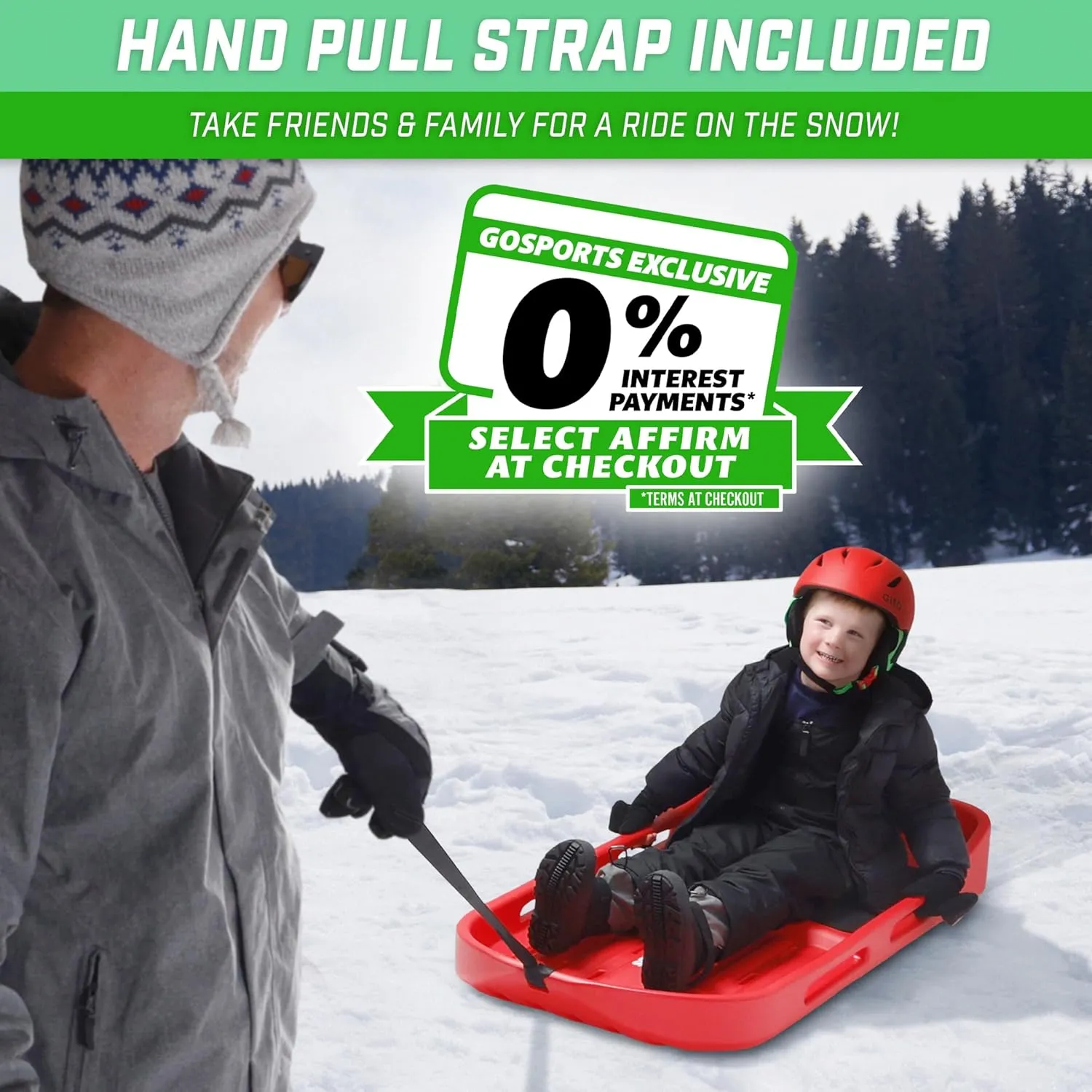 GoSports 2 Person Premium Snow Sled - Choose Red or Blue - Double Walled Construction, Pull Strap and Padded Seat