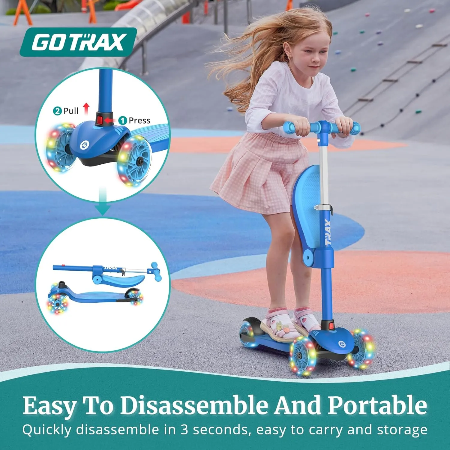 Gotrax KS3 Kids Kick Scooter, LED Lighted Wheels, Adjustable Height Handlebars and Removable Seat, Lean-to-Steer & Widen Anti-Slip Deck, 3 Wheel Scooter for Kids Ages 2-8 and up to 100 Lbs