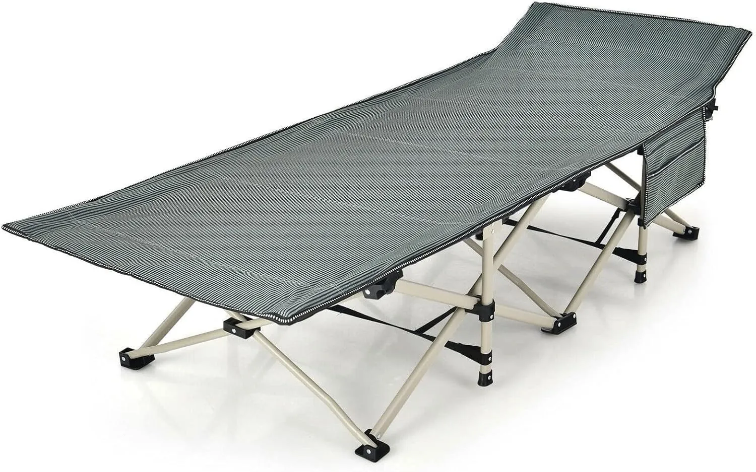 Grey Foldable Portable Camping Cot Outdoor Sleeping Cot with Side Storage Pocket and Carry Bag Brethable Waterproof Oxford Fabric Heavy Duty Powder Coated Steel Tubes Anti Slip Anti Sink Foot Pads