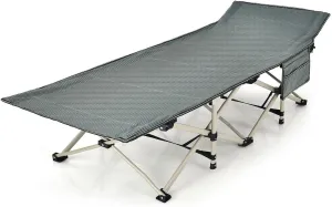 Grey Foldable Portable Camping Cot Outdoor Sleeping Cot with Side Storage Pocket and Carry Bag Brethable Waterproof Oxford Fabric Heavy Duty Powder Coated Steel Tubes Anti Slip Anti Sink Foot Pads