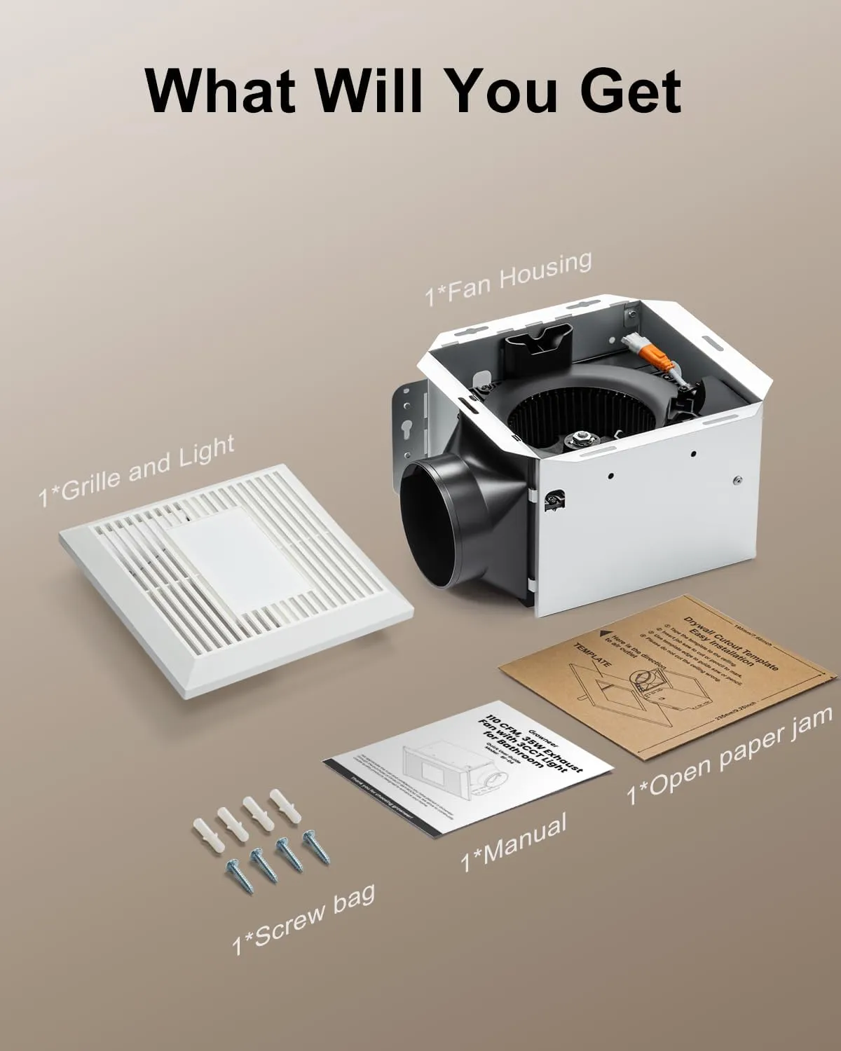 GROWNEER Bathroom Exhaust Fan with Light, 35W Exhaust Fan with Humidity Sensor-60% Fixed Threshold, 110 CFM 1.0 Sone Bath Fan with Light, 600lm 2700K/4000K/5000K Adjustable, 7.68 x 9.25 inch, White
