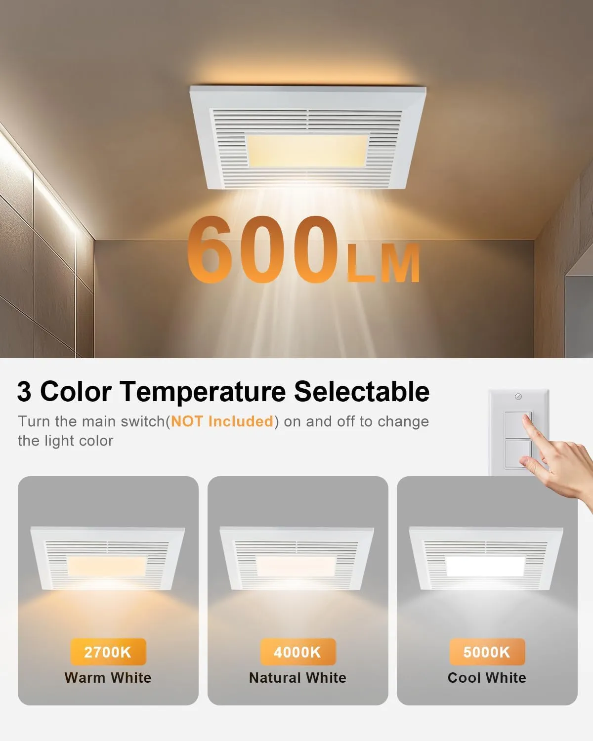 GROWNEER Bathroom Exhaust Fan with Light, 35W Exhaust Fan with Humidity Sensor-60% Fixed Threshold, 110 CFM 1.0 Sone Bath Fan with Light, 600lm 2700K/4000K/5000K Adjustable, 7.68 x 9.25 inch, White