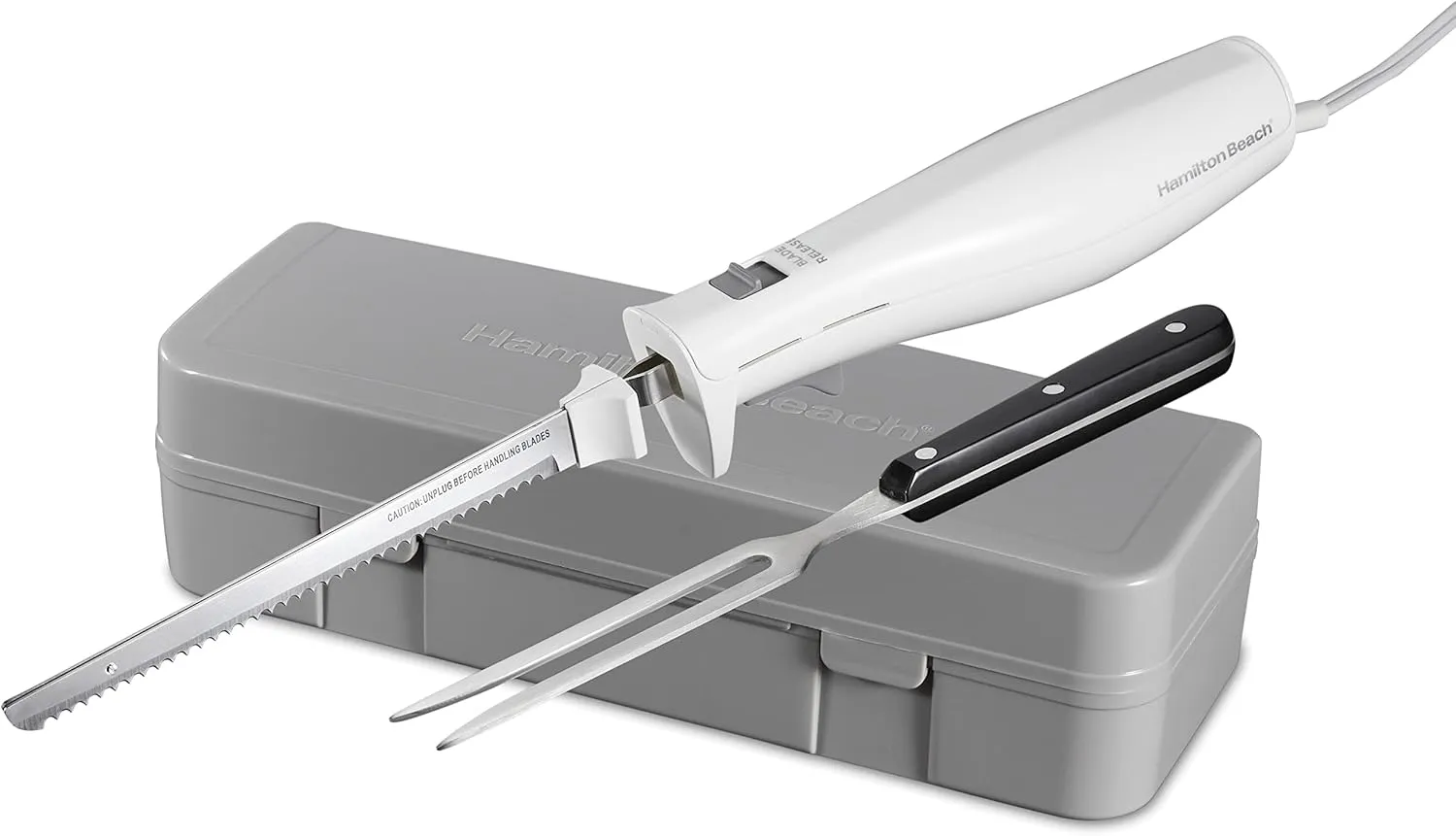 Hamilton Beach Electric Knife Set for Carving Meats, Poultry, Bread, Crafting Foam & More, Reciprocating Serrated Stainless Steel Blades, Ergonomic Design Storage Case   Fork Included, 5 Foot Cord