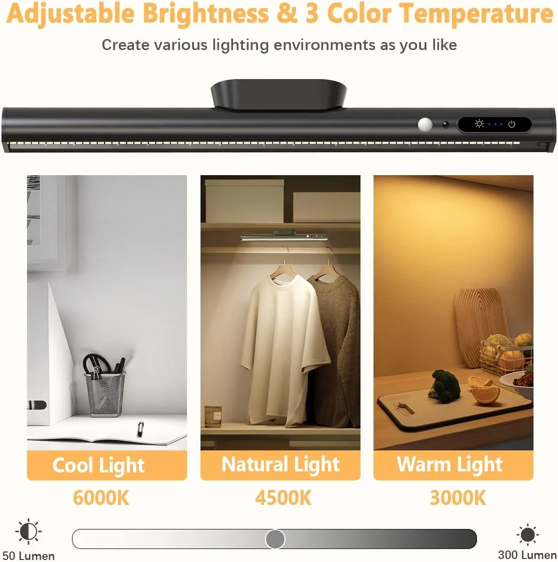 Hapfish Motion Sensor LED Light Bar Indoor, Rechargeable Under Cabinet Lighting Wireless, Magnetic Battery Powered Operated Wall Strip Lights with Remote Control for Desk Mirror Closet Kitchen -Black