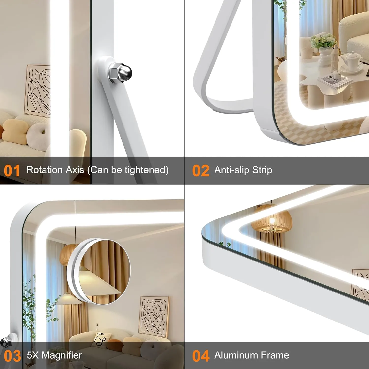 Hasipu Vanity Mirror with Lights, 15" x 11" LED Makeup Mirror, 3 Modes Light, Smart Touch Control Dimmable, 360°Rotation, Rectangle White Frame, with 5X Magnifying Glass