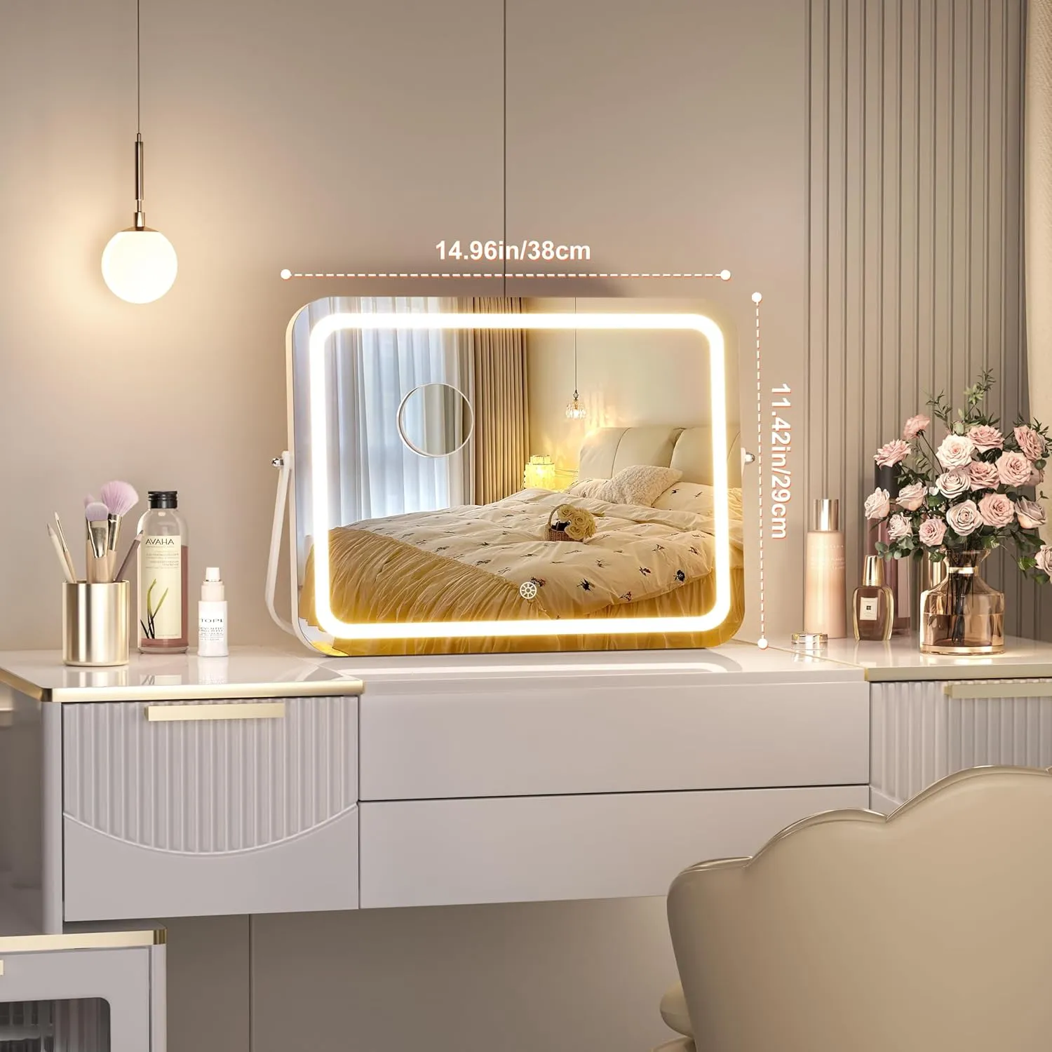 Hasipu Vanity Mirror with Lights, 15" x 11" LED Makeup Mirror, 3 Modes Light, Smart Touch Control Dimmable, 360°Rotation, Rectangle White Frame, with 5X Magnifying Glass