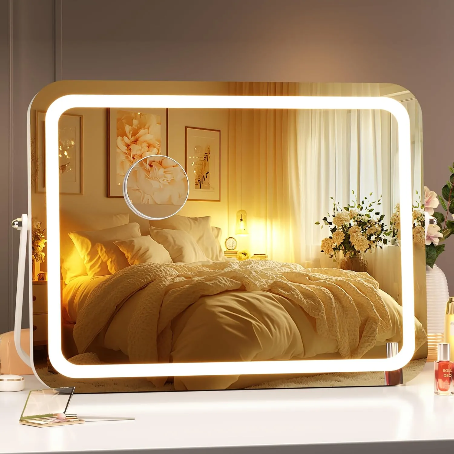 Hasipu Vanity Mirror with Lights, 15" x 11" LED Makeup Mirror, 3 Modes Light, Smart Touch Control Dimmable, 360°Rotation, Rectangle White Frame, with 5X Magnifying Glass