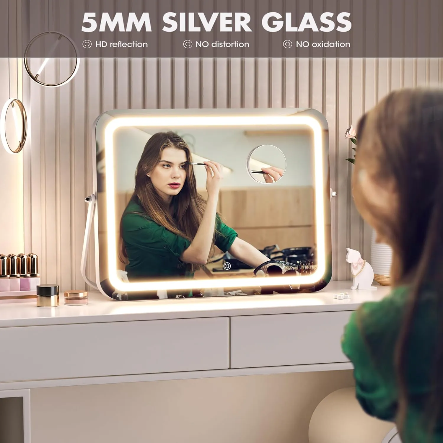 Hasipu Vanity Mirror with Lights, 15" x 11" LED Makeup Mirror, 3 Modes Light, Smart Touch Control Dimmable, 360°Rotation, Rectangle White Frame, with 5X Magnifying Glass