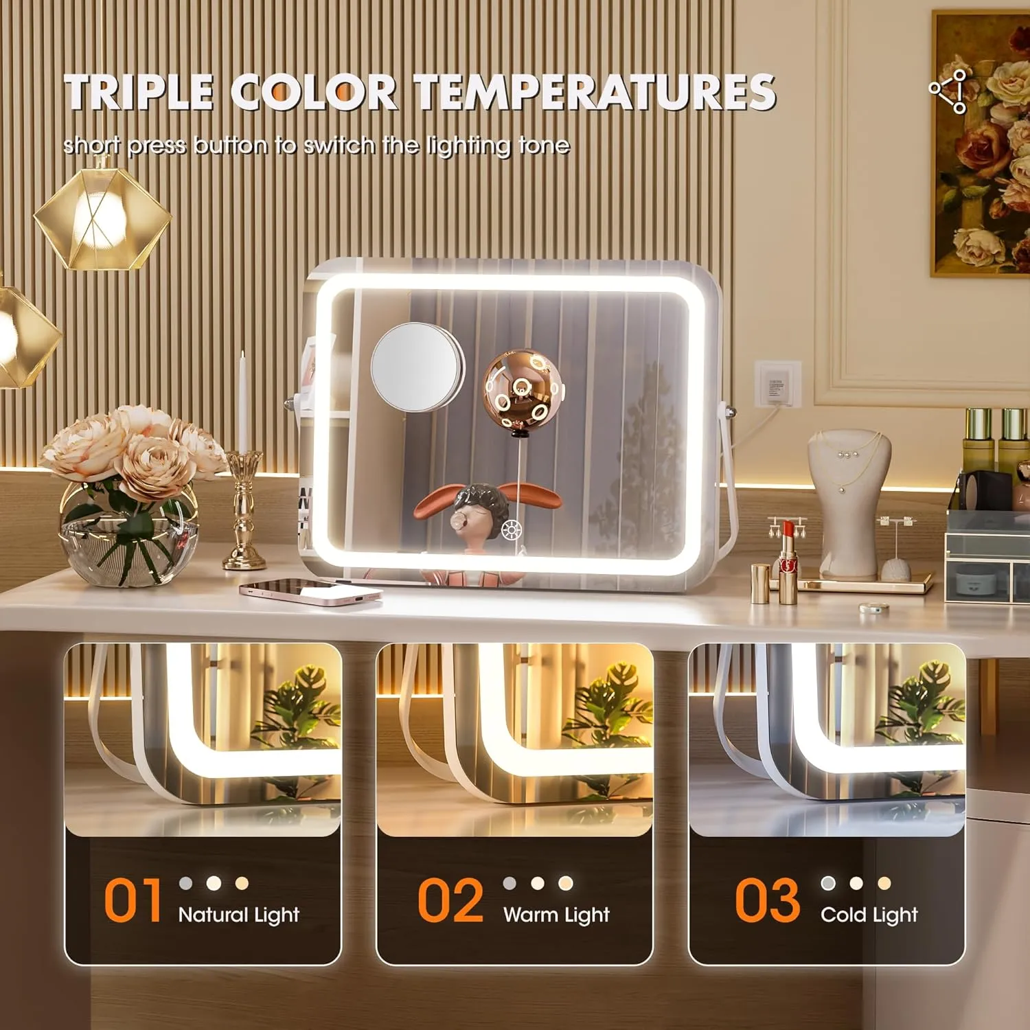 Hasipu Vanity Mirror with Lights, 15" x 11" LED Makeup Mirror, 3 Modes Light, Smart Touch Control Dimmable, 360°Rotation, Rectangle White Frame, with 5X Magnifying Glass