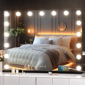 Hasipu Vanity Mirror with Lights, 31.5" x 23.6" Hollywood Mirror, Makeup Mirror with 17 Dimmable Bulbs and 10X Magnification, 3 Colors Modes, Touch Control, USB Charging Port, Type-C