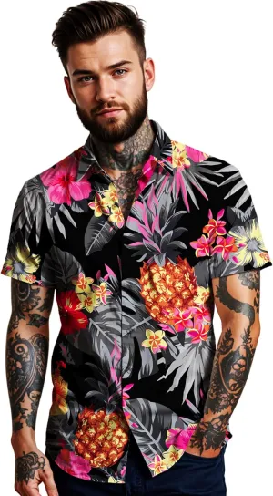Hawaiian-Shirt Men Short-Sleeve Front-Pocket Stylish Funky Pineapple Fruits Tropical Unisex