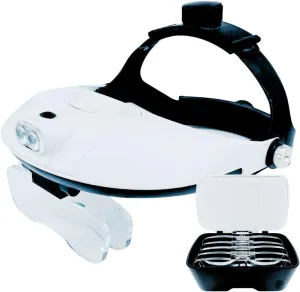 HAWK OPTICALS 2 LED Illuminated Headband Magnifier - White || 5 Lens Power Options || Adjustable Fit || Great for Jewelry Making, Watch & Electronic Repair, Sewing & Embroidery