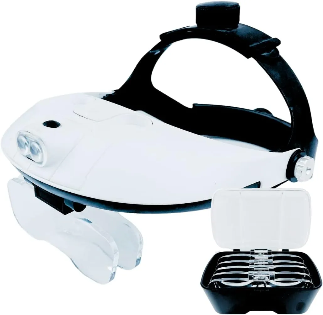 HAWK OPTICALS 2 LED Illuminated Headband Magnifier - White || 5 Lens Power Options || Adjustable Fit || Great for Jewelry Making, Watch & Electronic Repair, Sewing & Embroidery