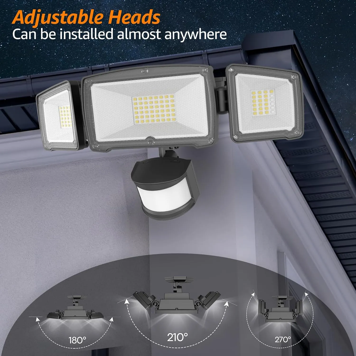 HGGH Motion Sensor Outdoor Lights – Flood Lights Outdoor Security Light, LED Floodlights IP65 Waterproof 6000K 38W 4200LM with 3 Adjustable Heads, Exterior Light for House, Backyard, Porch