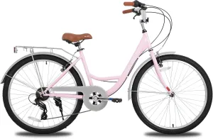 HILAND 26 inch Complete Beach Cruiser Bike for Adults, 7 Speed Step-Through Frame Womens Bicycle with Rear Rack, Retrospec Bike Commuter City Bicycle for Men