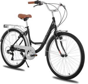 HILAND 26 inch Complete Beach Cruiser Bike for Adults, 7 Speed Step-Through Frame Womens Bicycle with Rear Rack, Retrospec Bike Commuter City Bicycle for Men