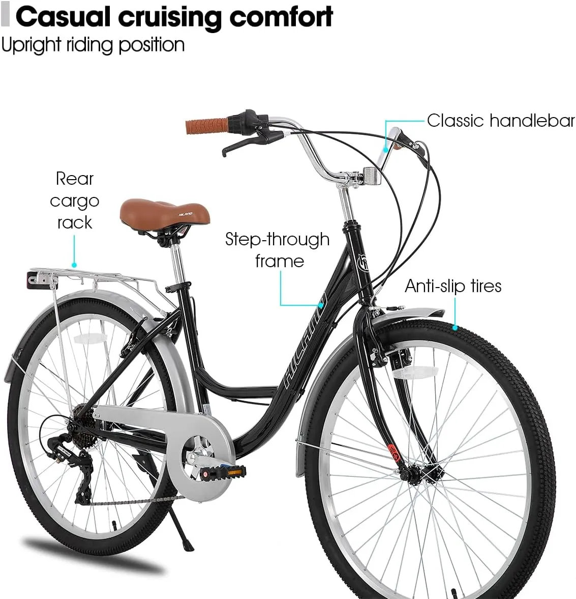 HILAND 26 inch Complete Beach Cruiser Bike for Adults, 7 Speed Step-Through Frame Womens Bicycle with Rear Rack, Retrospec Bike Commuter City Bicycle for Men