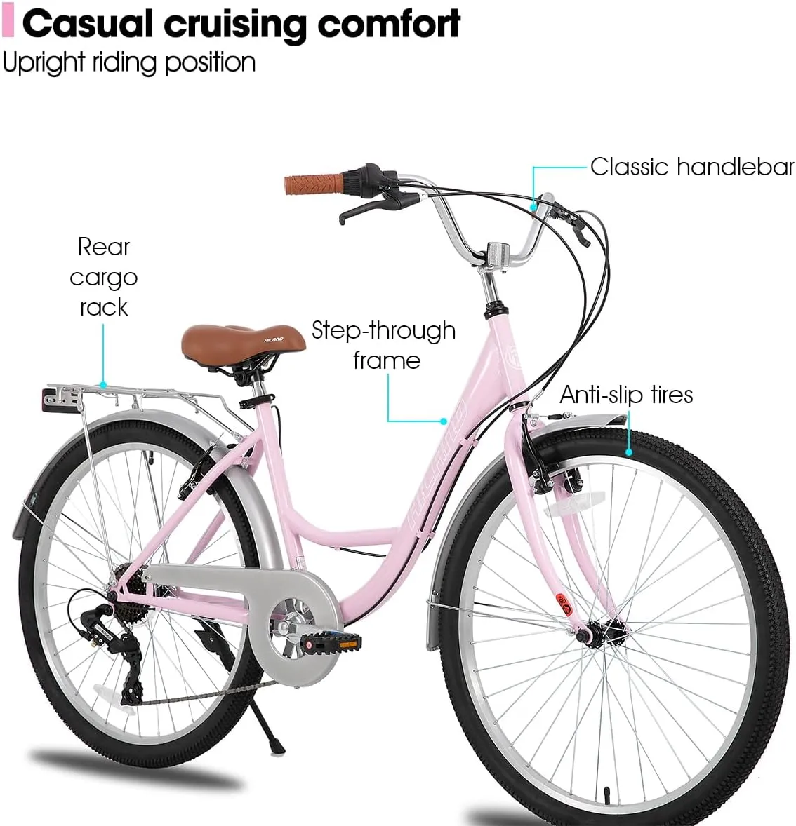 HILAND 26 inch Complete Beach Cruiser Bike for Adults, 7 Speed Step-Through Frame Womens Bicycle with Rear Rack, Retrospec Bike Commuter City Bicycle for Men