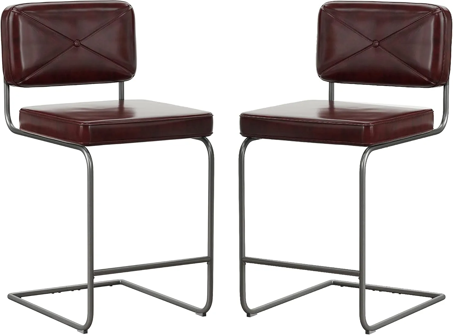 Hillsdale, Breuer Metal Counter Height Stools with Upholstered X Back Stitch Design, Set of 2, Burgundy