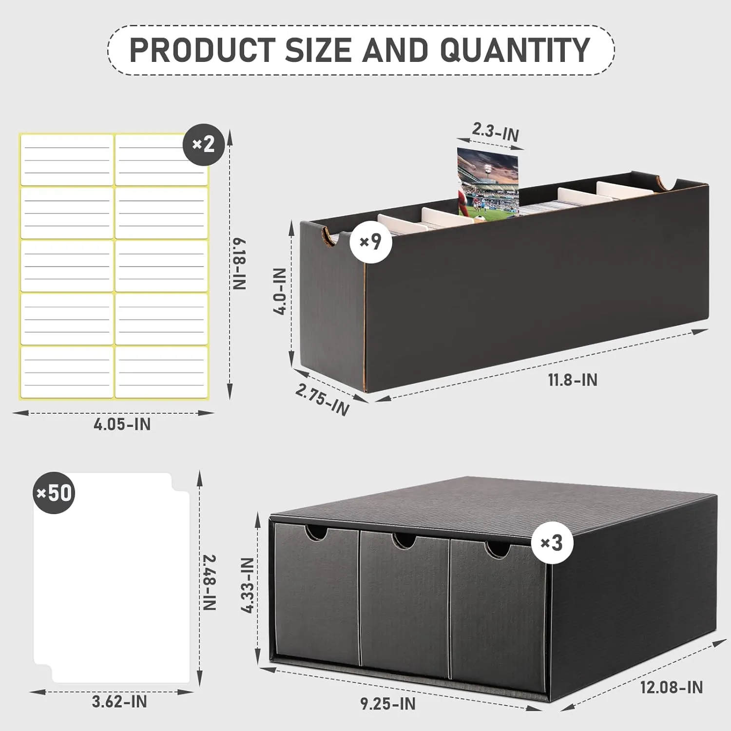 Homthy Trading Cardboard Storage Box 9 Pack with 50 Card Dividers, Card Storage Organizer with Labels Fit for MTG TCG and Sport Cards