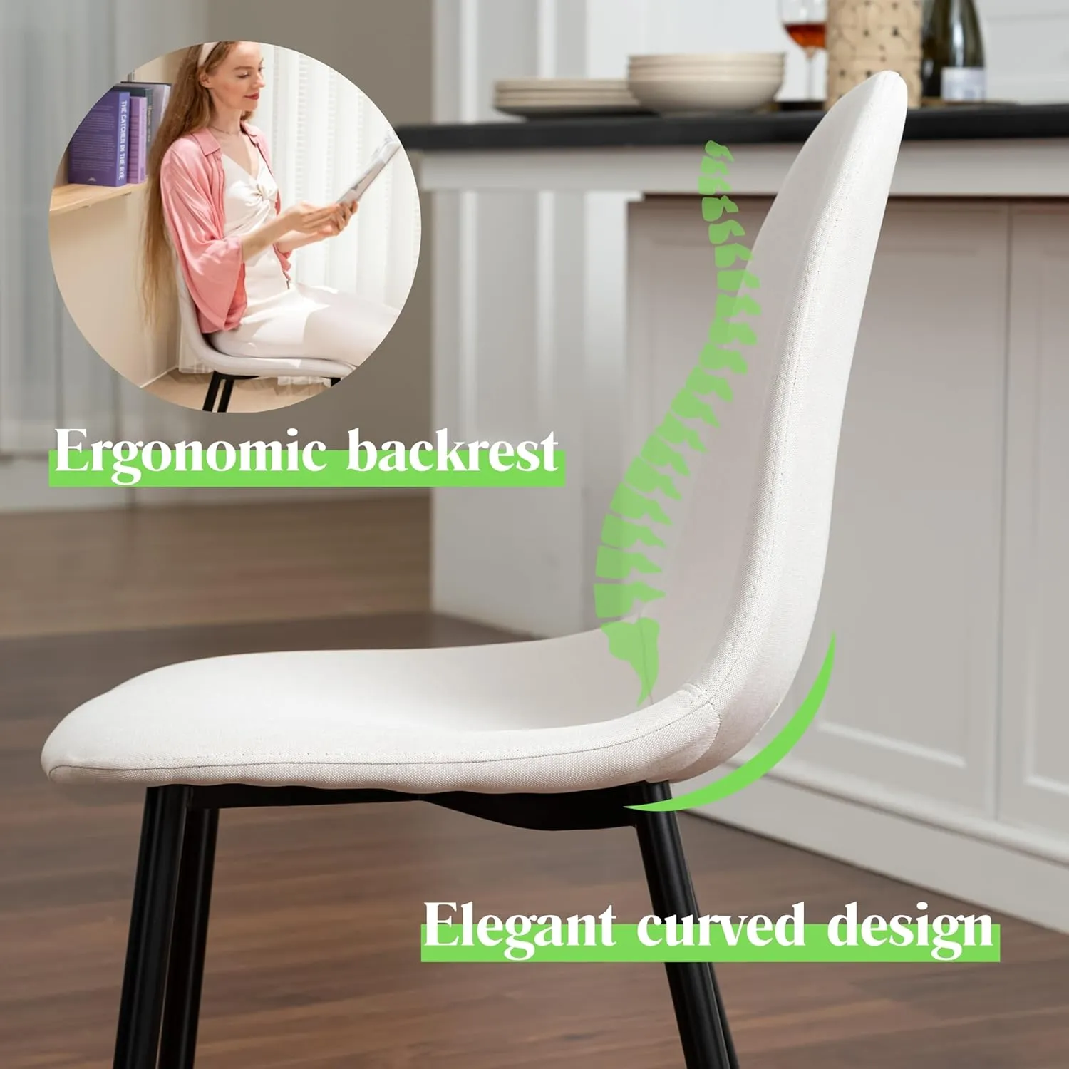 Homy Casa Mid-Century Modern Upholstered Dining Chairs Set, Kitchen Chairs with Metal Legs for Dining Room, Fabric Suede Seat Side Chair for Living Room (Beige, Set of 4)