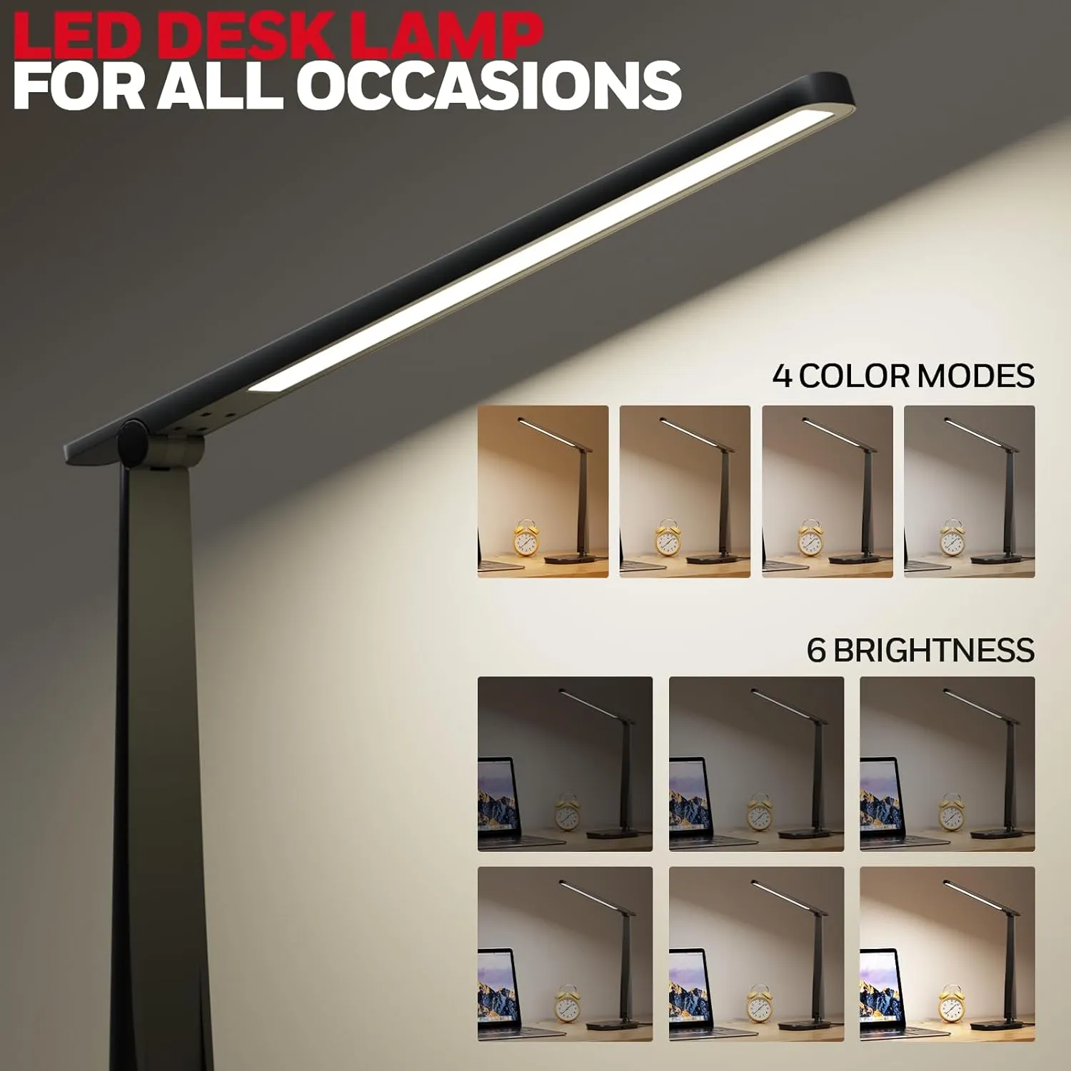 HONEYWELL Desk Lamp for Home Office, Dimmable LED Desk Light with USB A C Dual Charging, 4 Modes Brightness Touch Lamp with Timer, Eye Caring Foldable Reading Light, Table Lamp for Study Nightstand