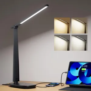 HONEYWELL Desk Lamp for Home Office, Dimmable LED Desk Light with USB A C Dual Charging, 4 Modes Brightness Touch Lamp with Timer, Eye Caring Foldable Reading Light, Table Lamp for Study Nightstand