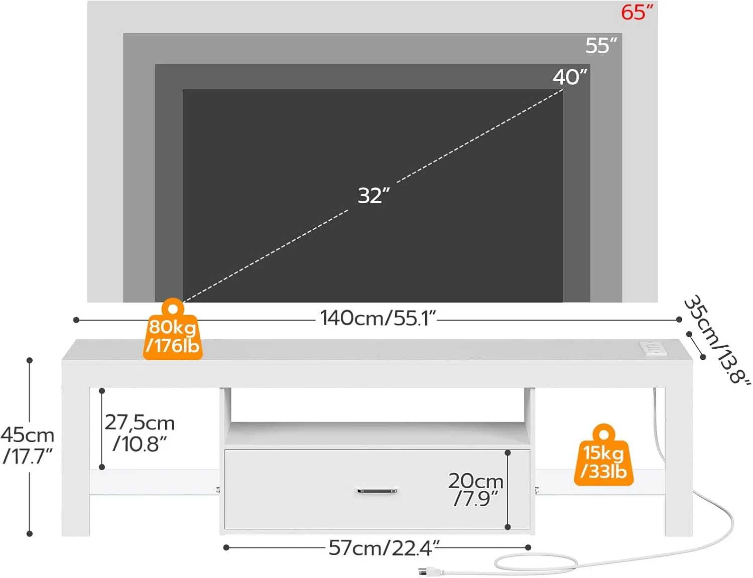 HOOBRO LED TV Stand with Power Outlets to 65 inch TV, Gaming Entertainment Center with Glass Shelves and Large Drawer, Modern Media TV Console Table for Living Room Bedroom, White WT14UDDS01