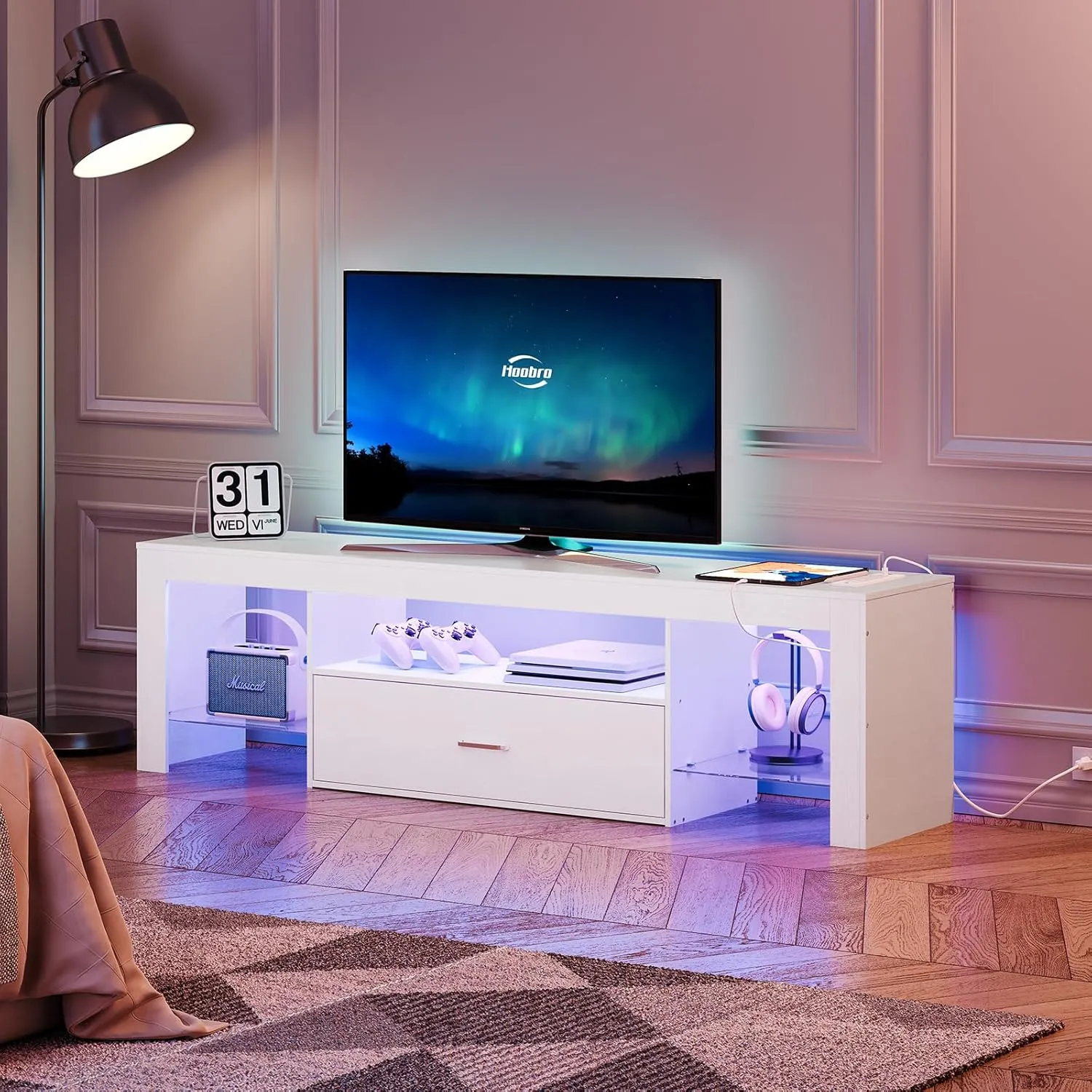 HOOBRO LED TV Stand with Power Outlets to 65 inch TV, Gaming Entertainment Center with Glass Shelves and Large Drawer, Modern Media TV Console Table for Living Room Bedroom, White WT14UDDS01