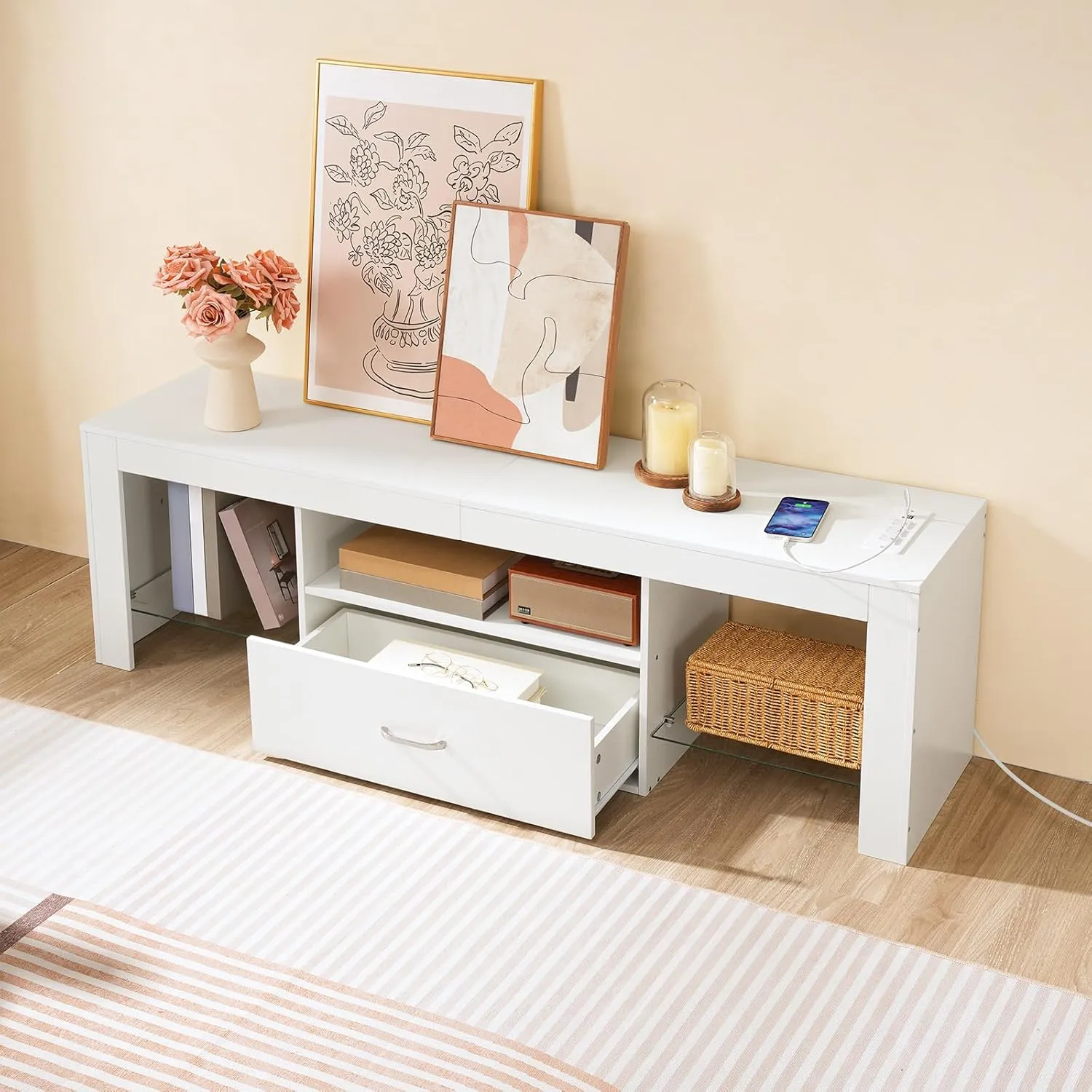 HOOBRO LED TV Stand with Power Outlets to 65 inch TV, Gaming Entertainment Center with Glass Shelves and Large Drawer, Modern Media TV Console Table for Living Room Bedroom, White WT14UDDS01